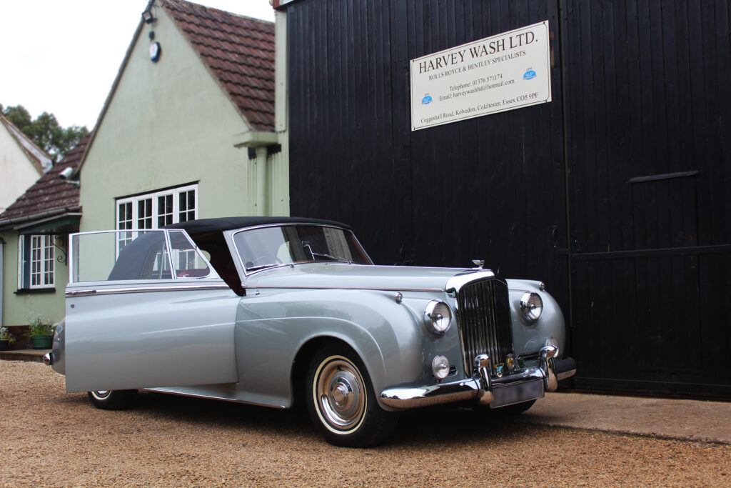 convertible bentley S1 outside the Harvey Wash Ltd workshop