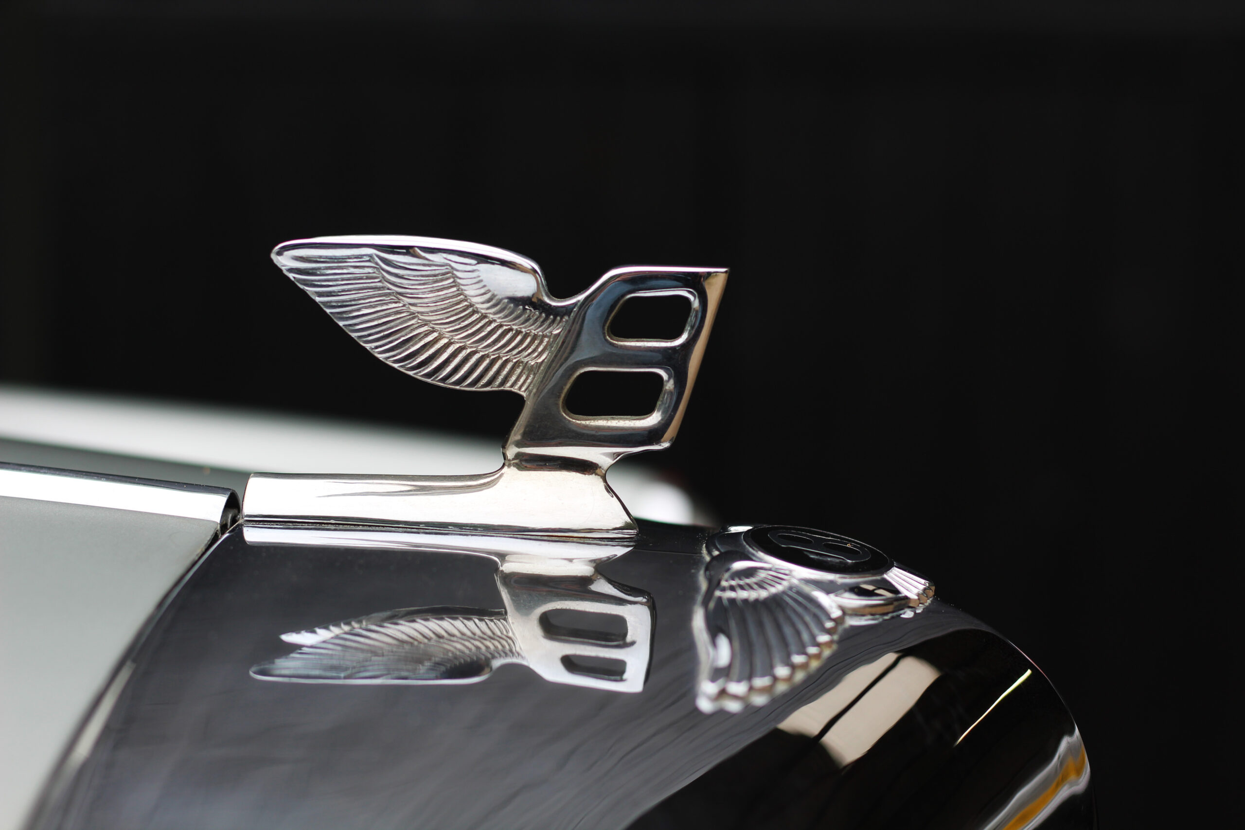 Bentley 'B' mascot close up with reflection in bonnet